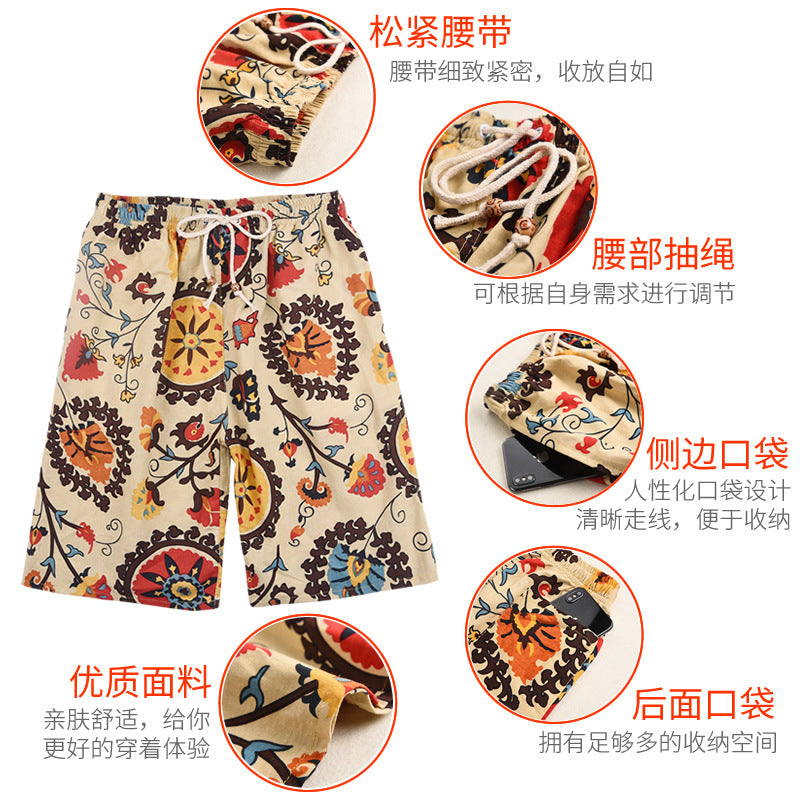 Summer New Cotton And Linen Printing Five-point Men&#039;s Beach Pants Casual Sports Loose Large Size Shorts Men&#039;s Thin Trend