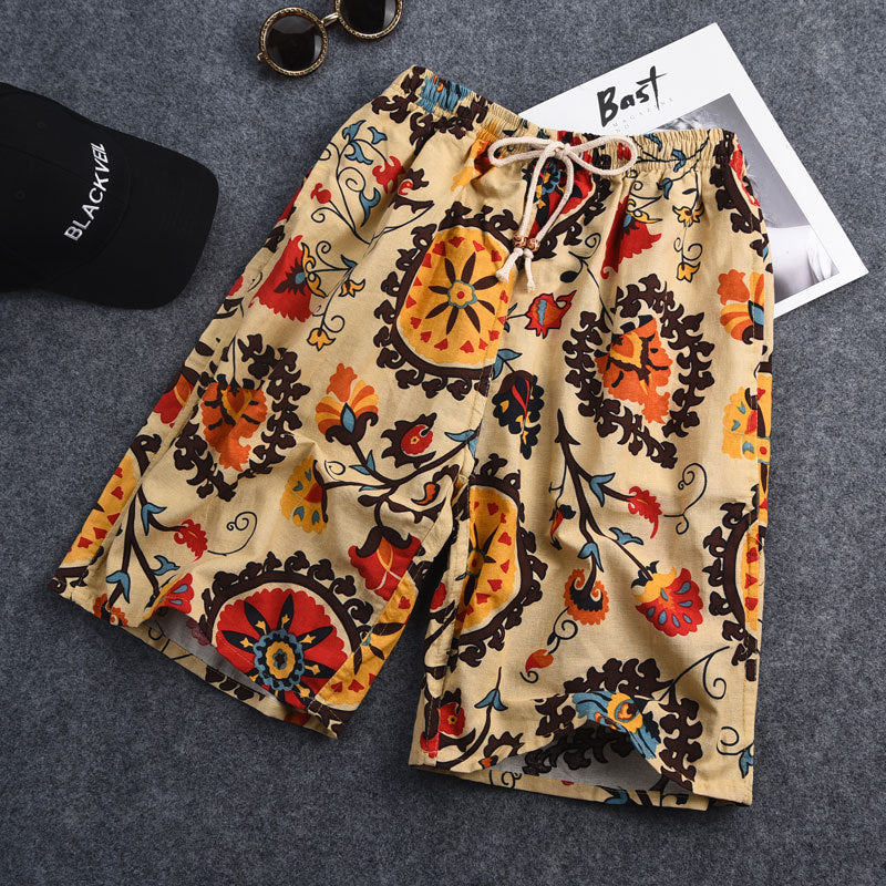 Summer New Cotton And Linen Printing Five-point Men&#039;s Beach Pants Casual Sports Loose Large Size Shorts Men&#039;s Thin Trend