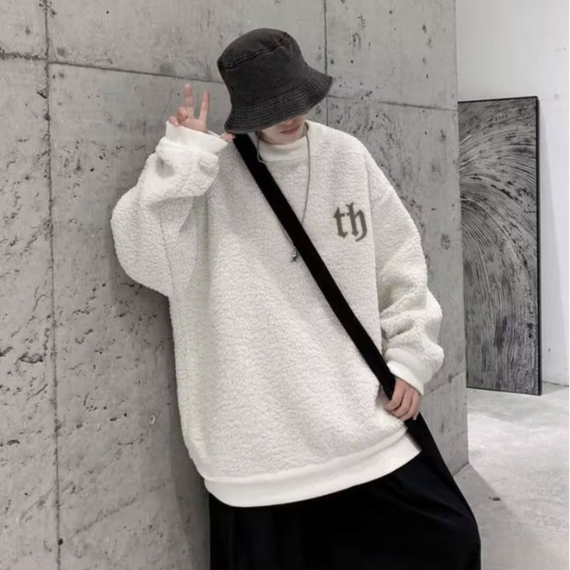 Fleece-lined Sweatshirt Men&#039;s Winter Inner Thickened Round Neck High School Top Trendy Brand Loose Teenager Lamb Wool Jacket