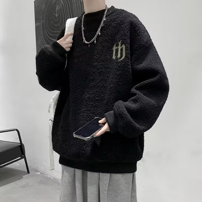 Fleece-lined Sweatshirt Men&#039;s Winter Inner Thickened Round Neck High School Top Trendy Brand Loose Teenager Lamb Wool Jacket