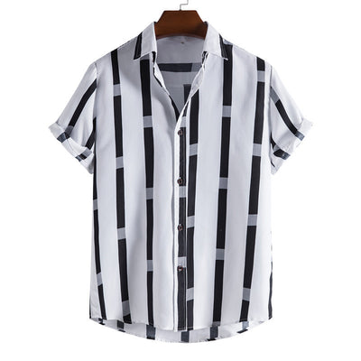 2021 Summer Foreign Trade New Men&#039;s Casual Short-sleeved Shirt Fashion Striped Loose Large Size Lapel Shirt