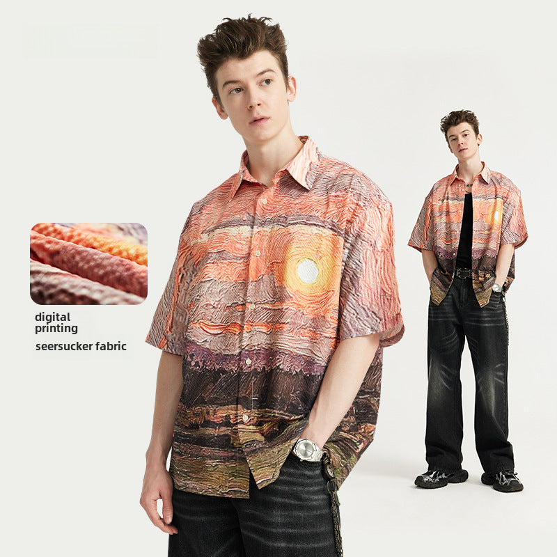 Sunset Seersucker Shirt 2024 Spring And Summer New Street Fashion Brand Loose Men&#039;s Short Sleeve Shirt