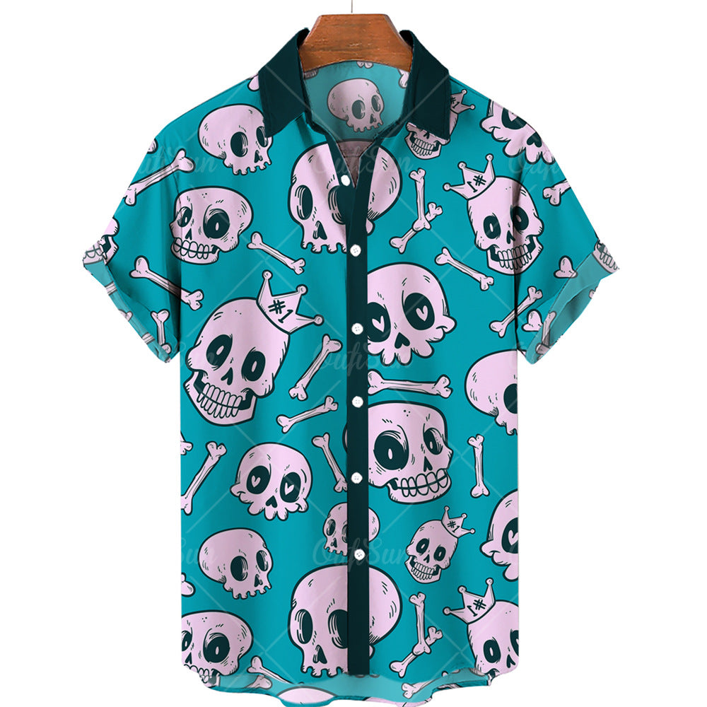 2022 New Fashion Summer Casual Skull Print Hawaiian Shirt Men&amp;amp;amp;amp;#039;s Vacation Seaside Trade