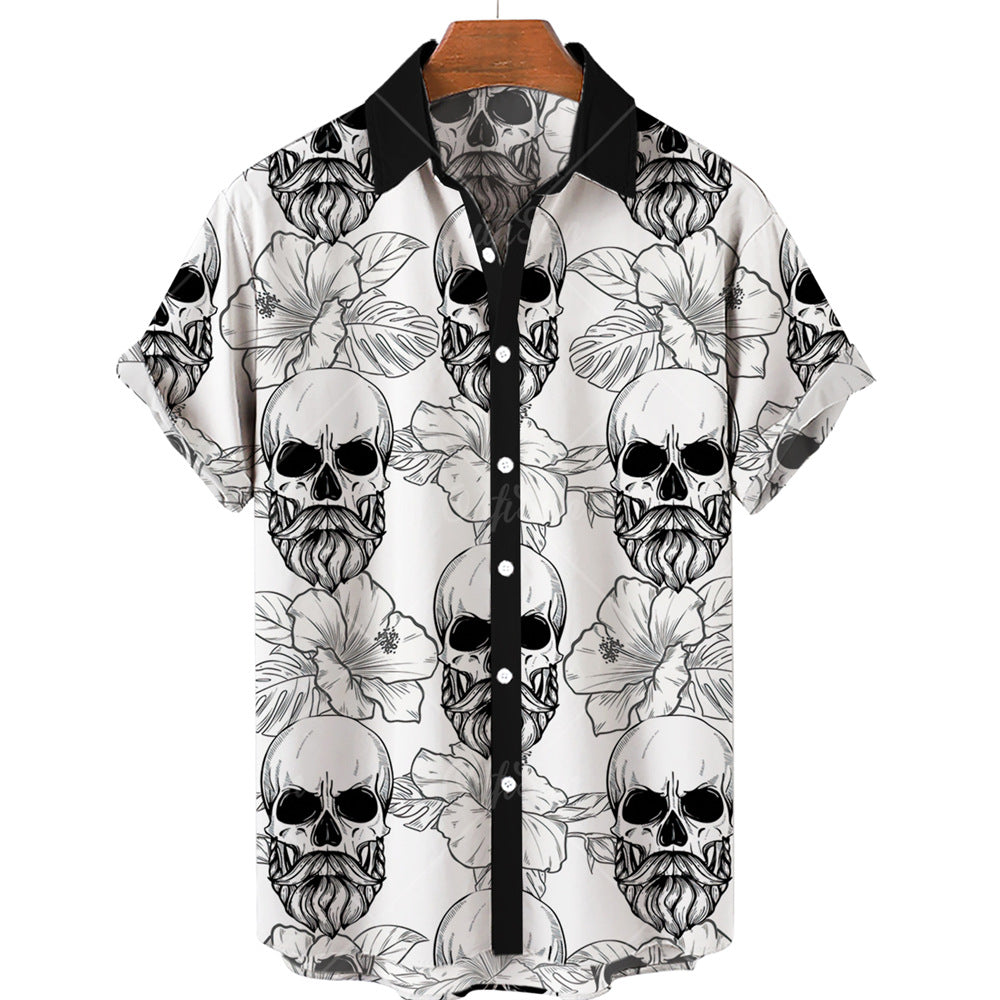 2022 New Fashion Summer Casual Skull Print Hawaiian Shirt Men&amp;amp;amp;amp;#039;s Vacation Seaside Trade