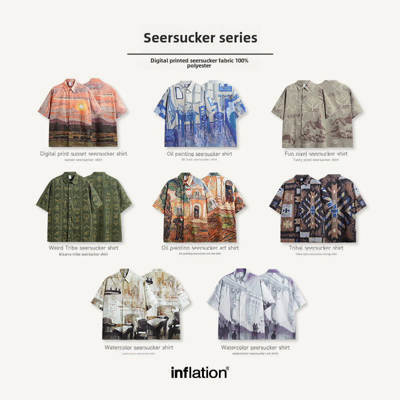 Sunset Seersucker Shirt 2024 Spring And Summer New Street Fashion Brand Loose Men&#039;s Short Sleeve Shirt