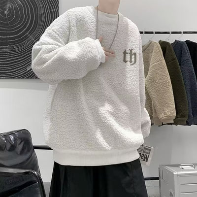 Fleece-lined Sweatshirt Men&#039;s Winter Inner Thickened Round Neck High School Top Trendy Brand Loose Teenager Lamb Wool Jacket