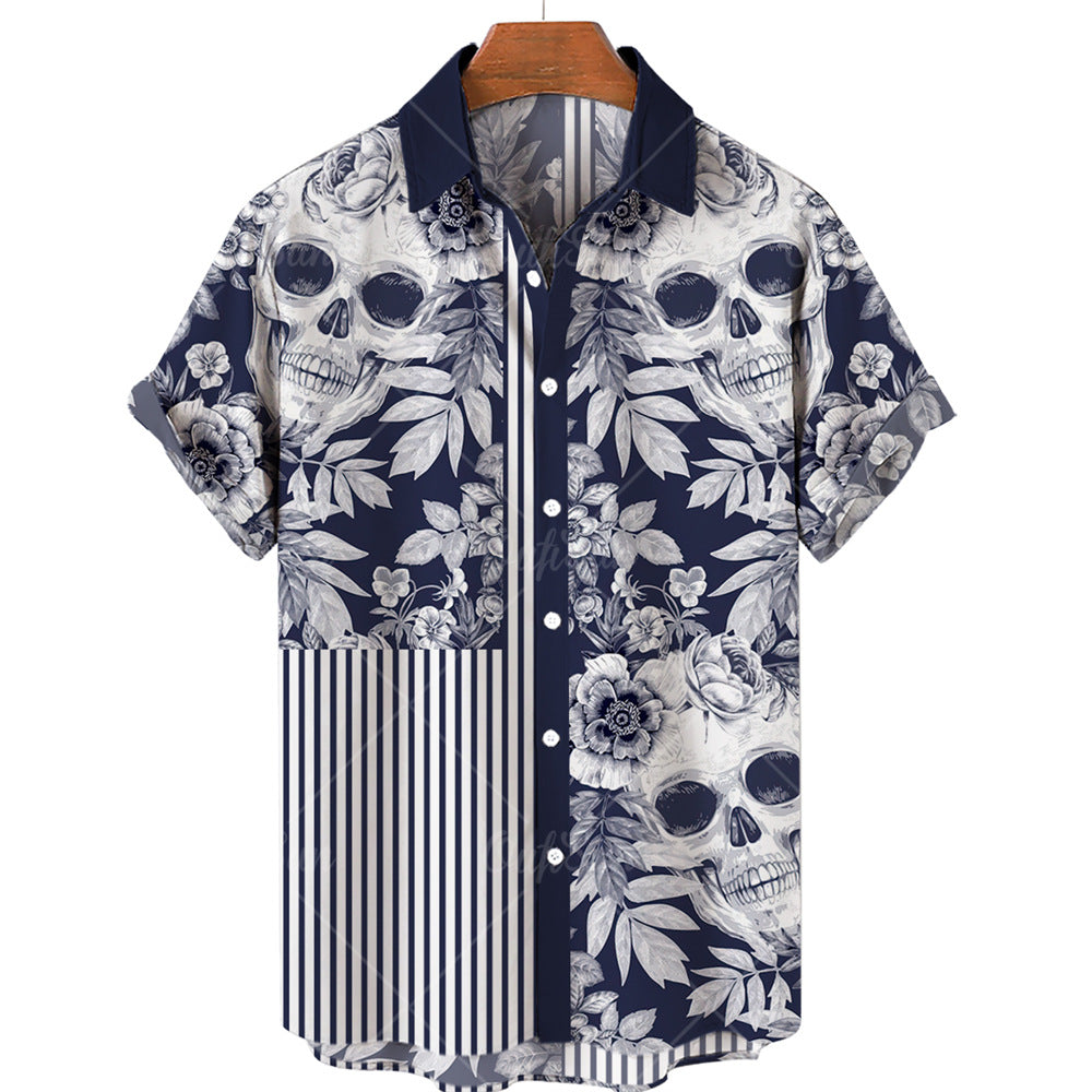 2022 New Fashion Summer Casual Skull Print Hawaiian Shirt Men&amp;amp;amp;amp;#039;s Vacation Seaside Trade