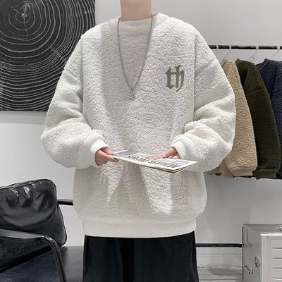 Fleece-lined Sweatshirt Men&#039;s Winter Inner Thickened Round Neck High School Top Trendy Brand Loose Teenager Lamb Wool Jacket