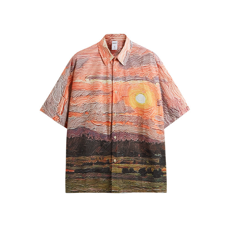 Sunset Seersucker Shirt 2024 Spring And Summer New Street Fashion Brand Loose Men&#039;s Short Sleeve Shirt