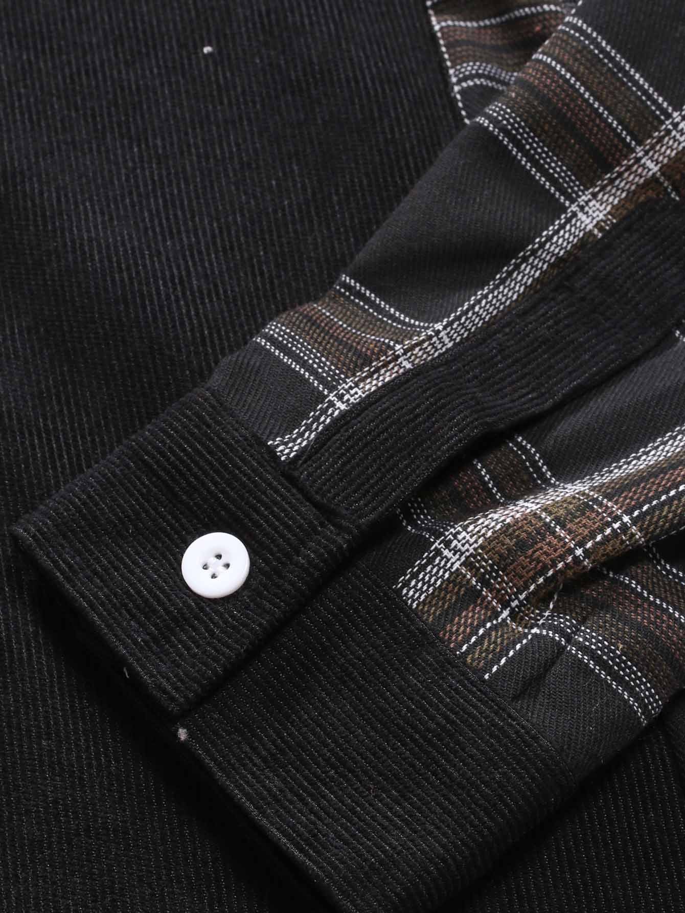 2021 Foreign Trade Autumn And Winter New Corduroy Plaid Stitching Long-sleeved Shirt Men&#039;s Amazon Men&#039;s European Size Shirt Men