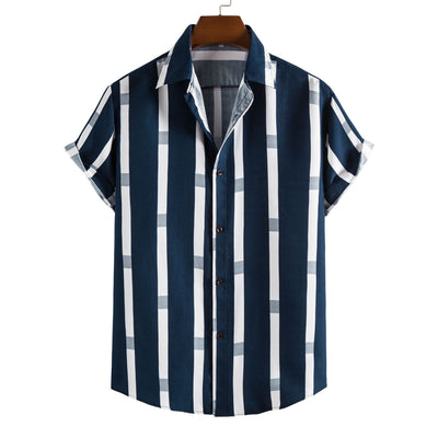 2021 Summer Foreign Trade New Men&#039;s Casual Short-sleeved Shirt Fashion Striped Loose Large Size Lapel Shirt